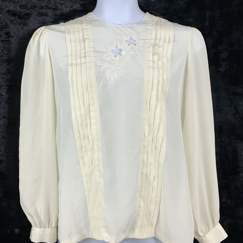 Vintage Blouse Size 18 Long Sleeve Pleated Embroidered Lace Floral Cream Gailord